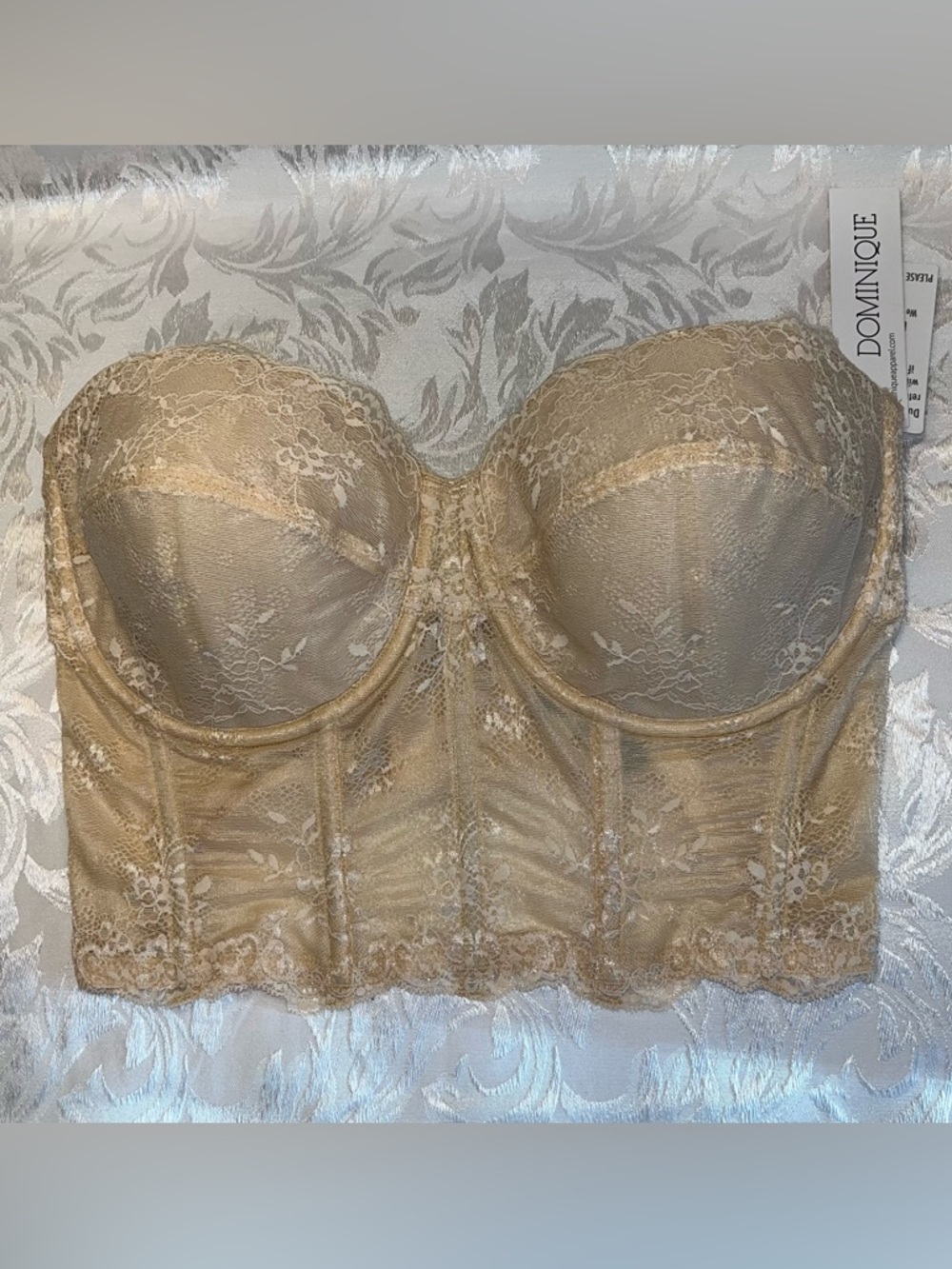Dominique Strapless Corset Bra 38DD/E Longline Lace Bridal Bustier Latte NWT